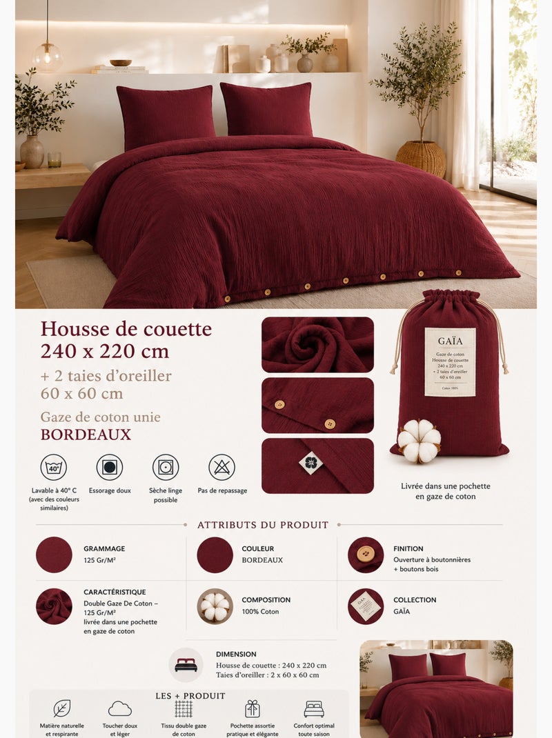 Juego de cama doble gasa de algodón gaïa + 2 fundas de almohada 60x60 cm Burdeos - Kiabi
