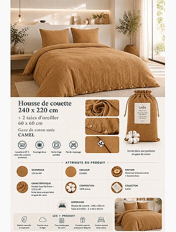 Juego de cama doble gasa de algodón gaïa + 2 fundas de almohada 60x60 cm