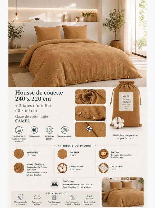 Juego de cama doble gasa de algodón gaïa + 2 fundas de almohada 60x60 cm - Kiabi