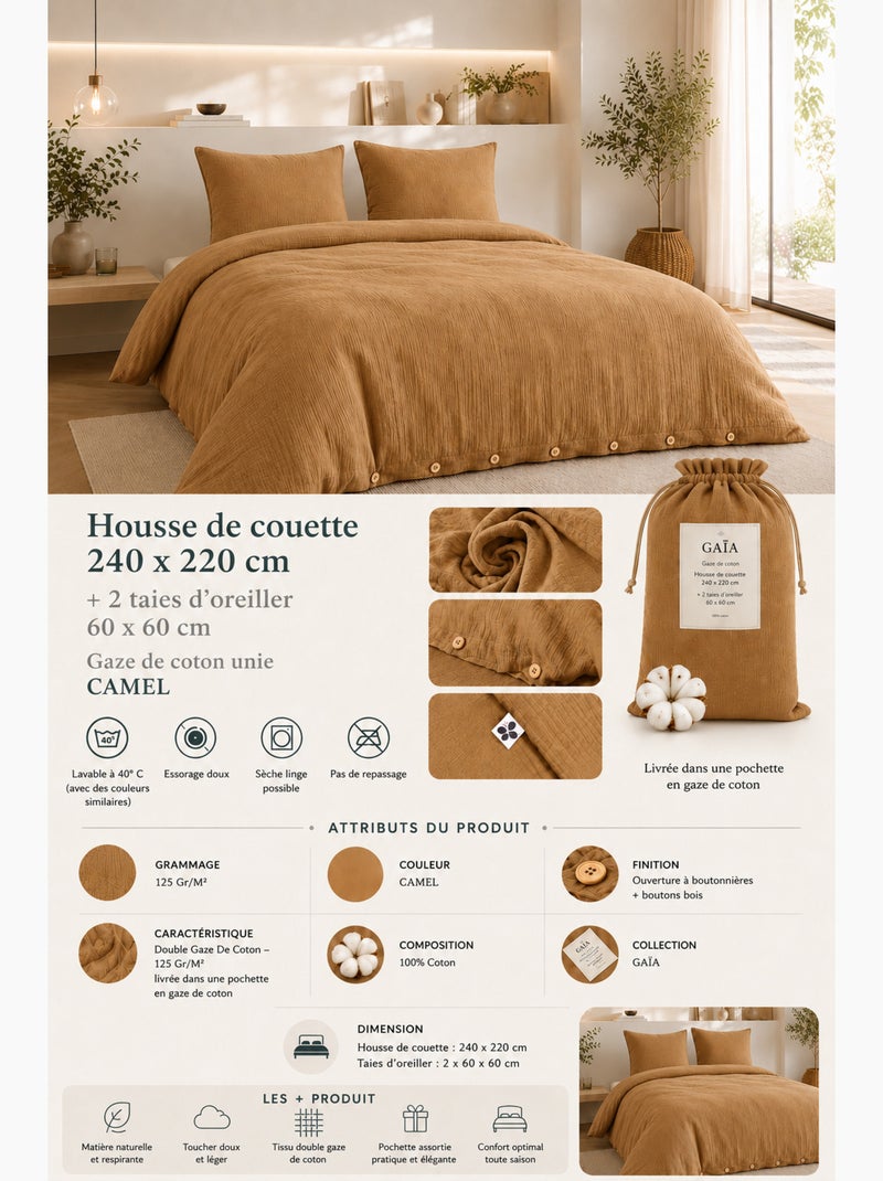 Juego de cama doble gasa de algodón gaïa + 2 fundas de almohada 60x60 cm Camel - Kiabi