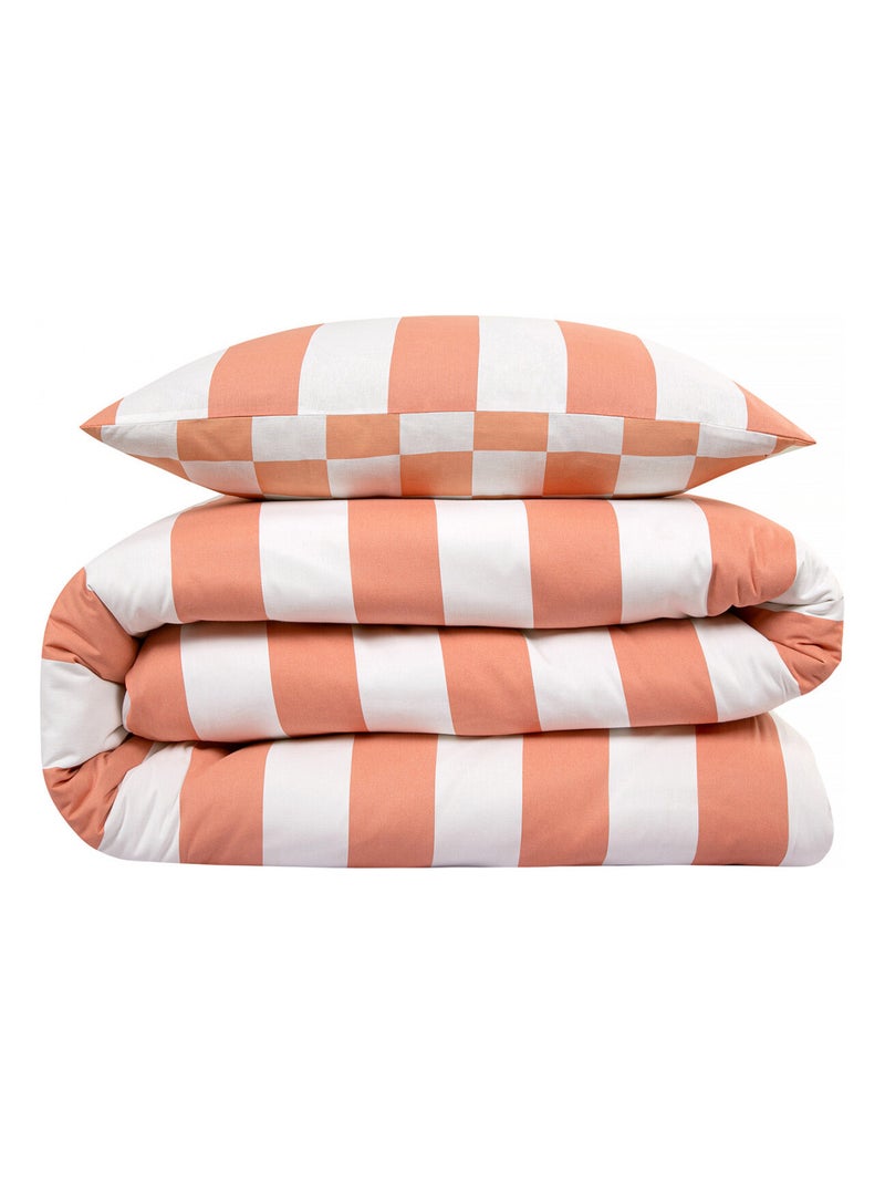 Juego de cama doble reversible SQUARE algodón damero rayas 240 x 220 cm Future Home Rojo ladrillo - Kiabi