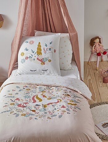 Juego de cama infantil de algodón estampado con unicornios rosas