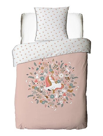 Juego de cama infantil de algodón estampado con unicornios rosas