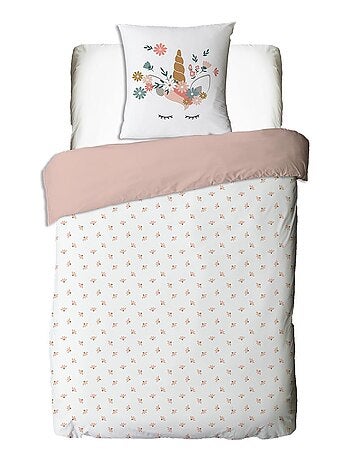 Juego de cama infantil de algodón estampado con unicornios rosas
