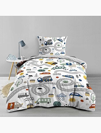 Juego de cama infantil de algodón reversible con motivo de vehículos y carreteras