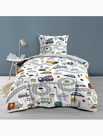 Juego de cama infantil de algodón reversible con motivo de vehículos y carreteras