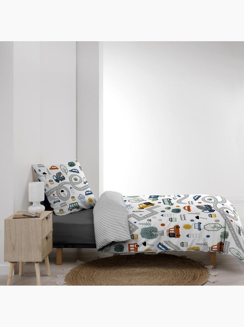 Juego de cama infantil de algodón reversible con motivo de vehículos y carreteras Gris - Kiabi