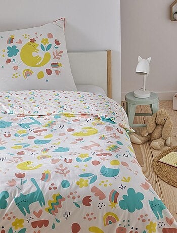 Juego de cama infantil reversible con motivos de gatos y flores