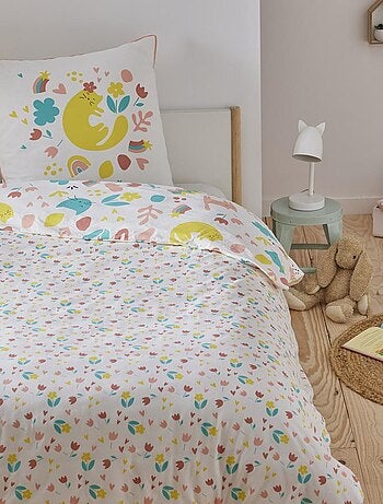 Juego de cama infantil reversible con motivos de gatos y flores
