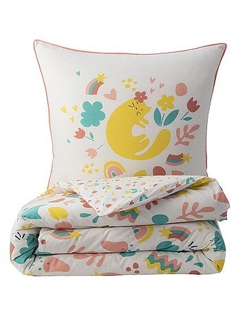 Juego de cama infantil reversible con motivos de gatos y flores