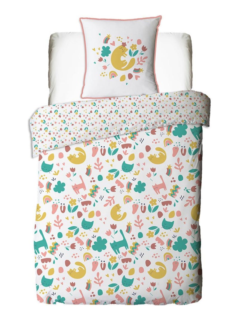Juego de cama infantil reversible con motivos de gatos y flores Blanco - Kiabi