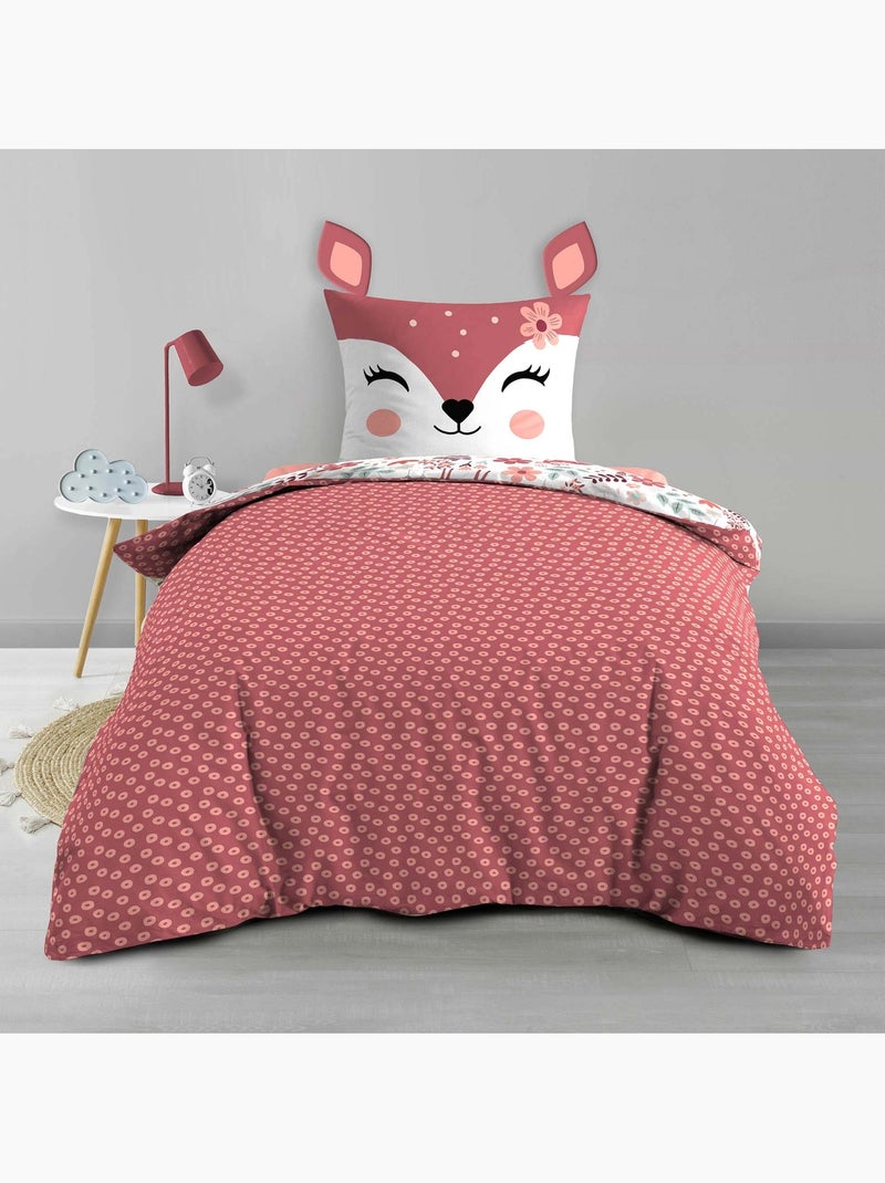Juego de cama infantil reversible de algodón con diseño de cervatillo y flores Rosa - Kiabi