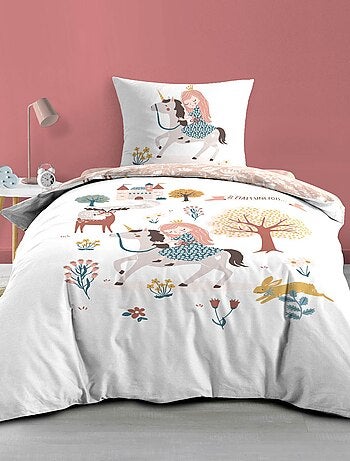 Juego de cama infantil reversible de algodón con diseño de princesa y unicornio