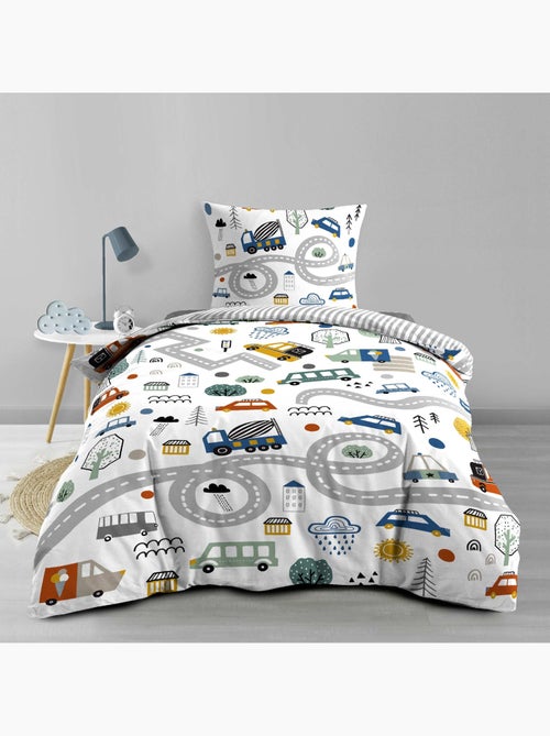 Juego de cama infantil reversible de algodón con diseño de vehículos y carreteras - Kiabi