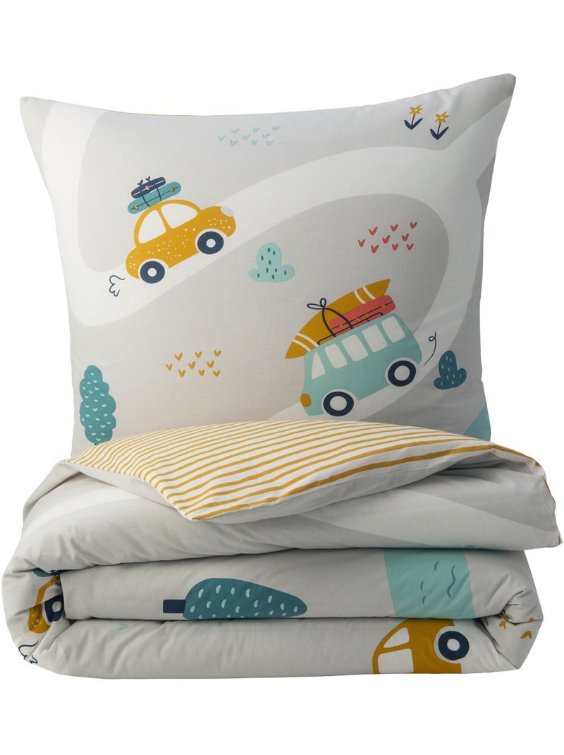 Juego de cama infantil reversible 'Future Home Kids' algodón estampado de vehículos Gris naranja claro azul - Kiabi