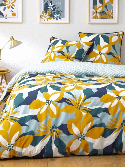 Juego de cama para 2 personas en percal de 70 hilos con estampado azul - Kiabi Juego de cama para 2 personas en percal de 70 hilos con estampado azul - Kiabi