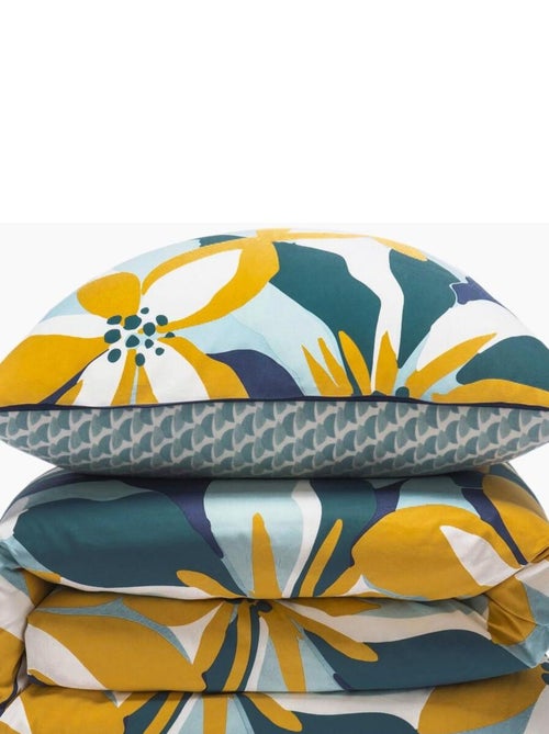 Juego de cama para 2 personas en percal de 70 hilos con estampado azul - Kiabi Juego de cama para 2 personas en percal de 70 hilos con estampado azul - Kiabi