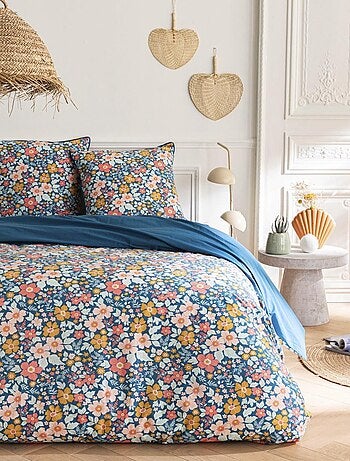 Juego de cama para dos personas de algodón estampado en azul
