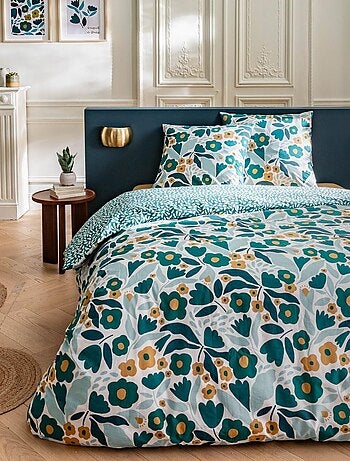 Juego de cama para dos personas en algodón estampado floral reversible
