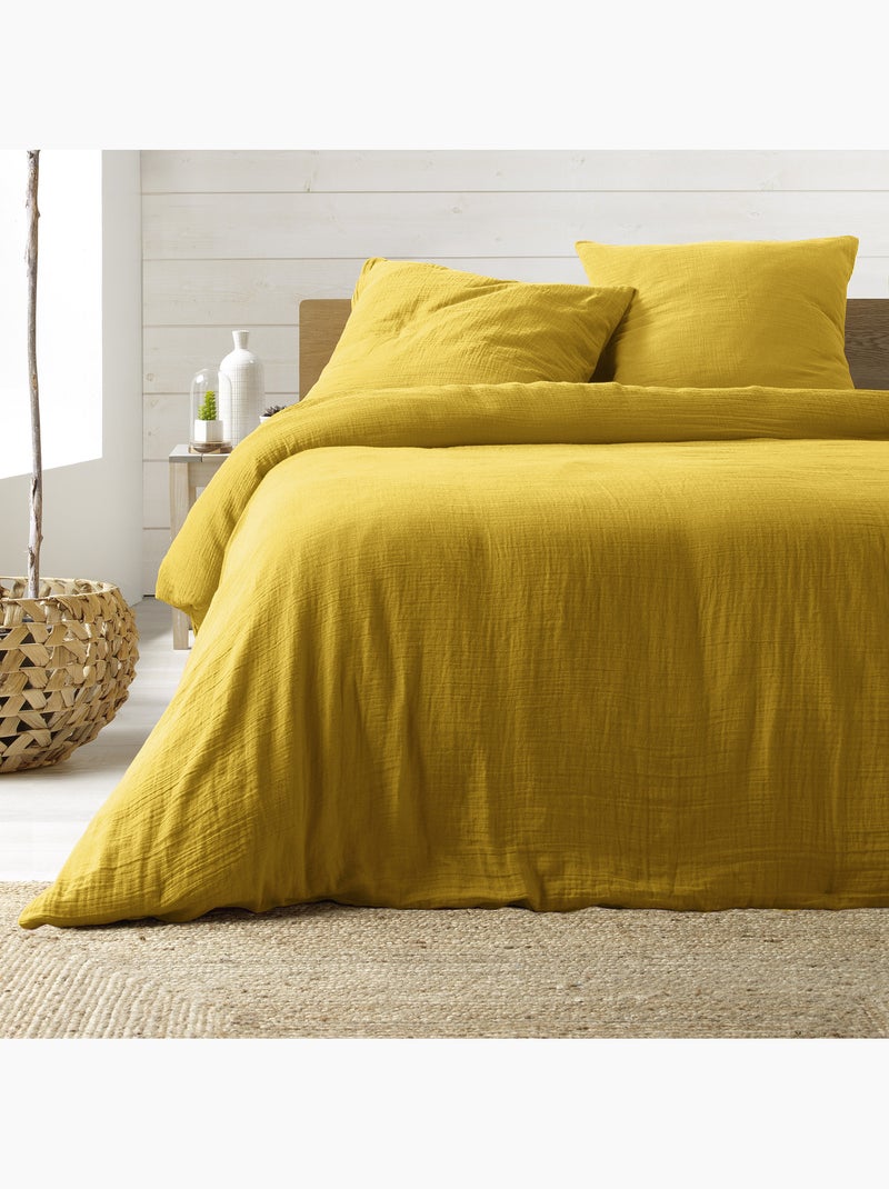 Juego de cama sienna + 2 fundas de almohada 63x63 cm – doble cara gasa de algodón y algodón 57 hilos Amarillo - Kiabi