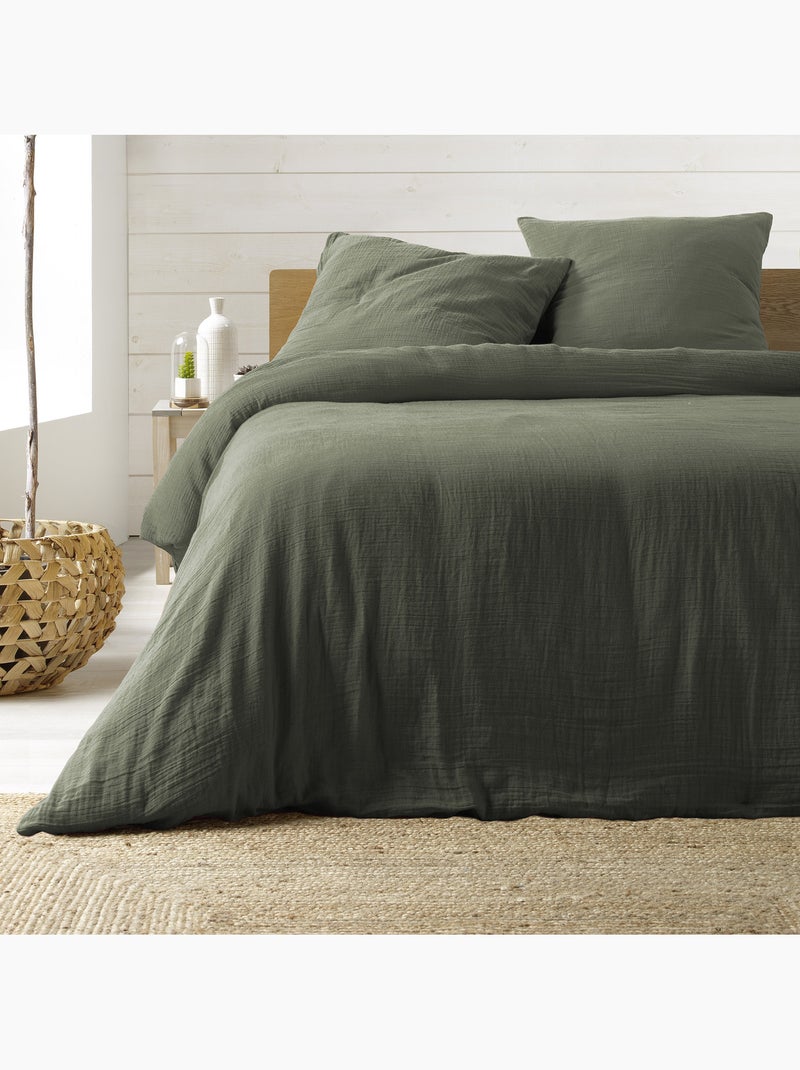 Juego de cama sienna + 2 fundas de almohada 63x63 cm – doble cara gasa de algodón y algodón 57 hilos Caqui - Kiabi