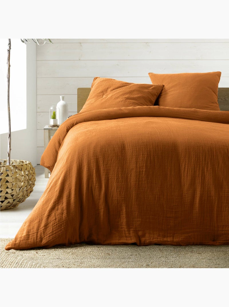 Juego de cama sienna + 2 fundas de almohada 63x63 cm – doble cara gasa de algodón y algodón 57 hilos Marrón caramelo - Kiabi