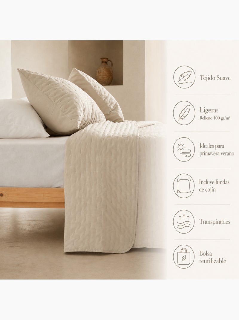 Juego de colcha lisa tejido acolchado, con funda de cojín. Beige - Kiabi