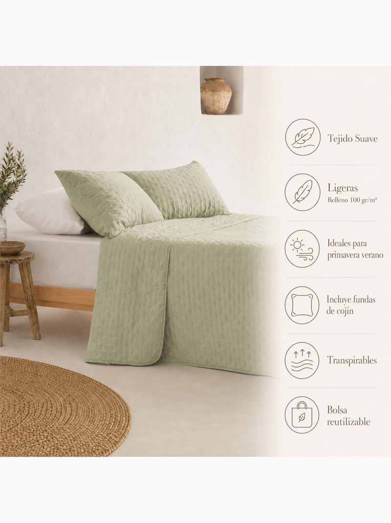Juego de colcha lisa tejido acolchado, con funda de cojín. Verde - Kiabi
