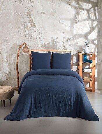 Juego de funda de edredón + 2 fundas de almohada de gasa de algodón-Azul marino