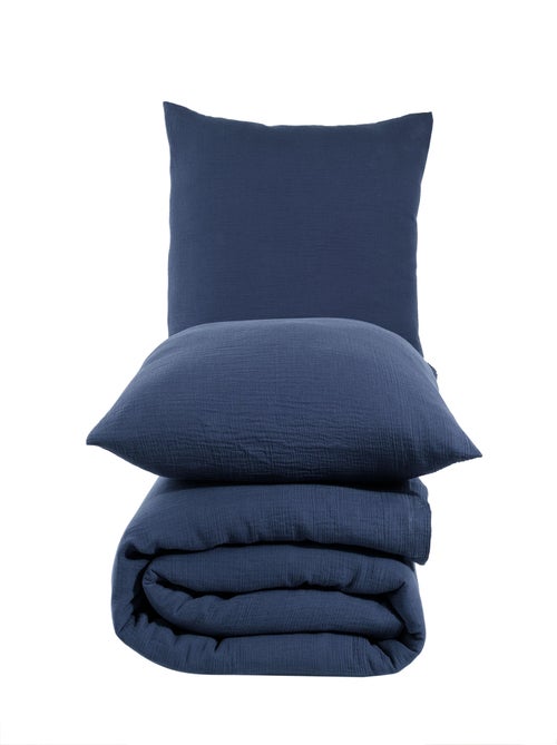 Juego de funda de edredón + 2 fundas de almohada de gasa de algodón-Azul marino - Kiabi Juego de funda de edredón + 2 fundas de almohada de gasa de algodón-Azul marino - Kiabi