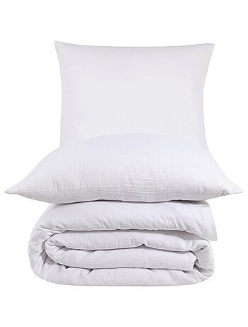 Juego de funda de edredón + 2 fundas de almohada de gasa de algodón-Blanco