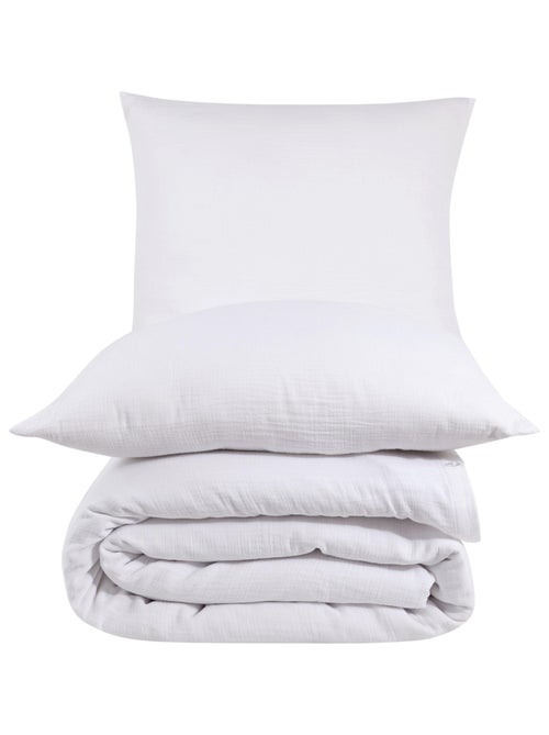 Juego de funda de edredón + 2 fundas de almohada de gasa de algodón-Blanco - Kiabi