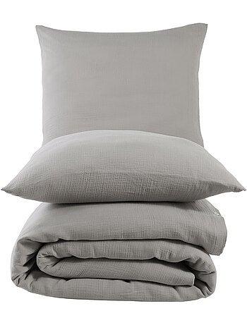 Juego de funda de edredón + 2 fundas de almohada de gasa de algodón-Gris