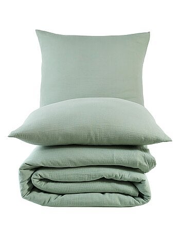 Juego de funda de edredón + 2 fundas de almohada de gasa de algodón-Verde celadón