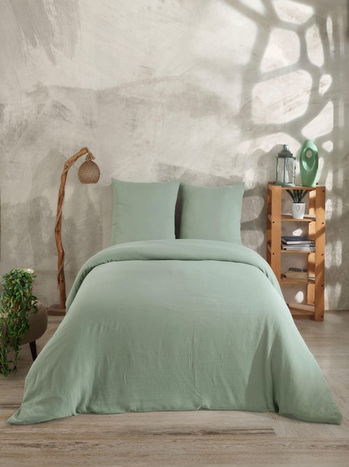 Juego de funda de edredón + 2 fundas de almohada de gasa de algodón-Verde celadón - Kiabi Juego de funda de edredón + 2 fundas de almohada de gasa de algodón-Verde celadón - Kiabi