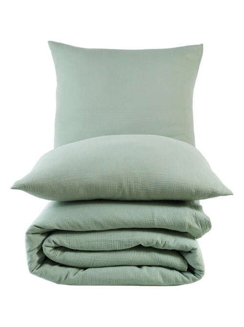 Juego de funda de edredón + 2 fundas de almohada de gasa de algodón-Verde celadón - Kiabi Juego de funda de edredón + 2 fundas de almohada de gasa de algodón-Verde celadón - Kiabi
