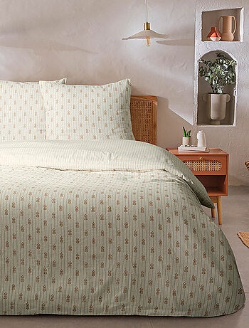 Juego de ropa de cama doble con rayas florales y efecto lino