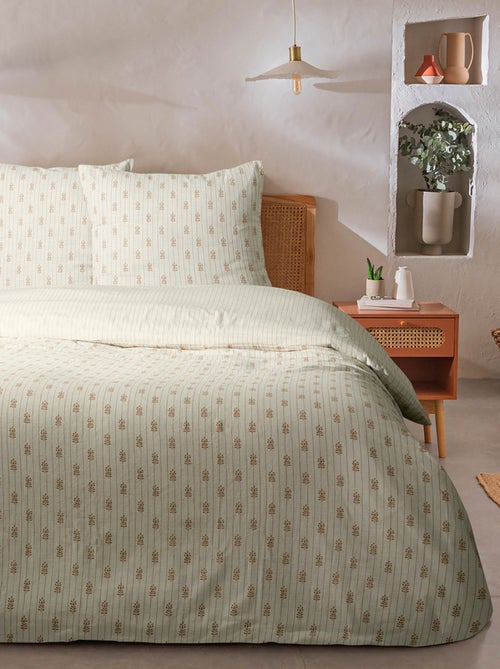 Juego de ropa de cama doble con rayas florales y efecto lino. - Kiabi Juego de ropa de cama doble con rayas florales y efecto lino. - Kiabi