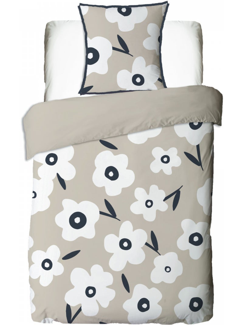 Juego de sábanas 1 plaza de algodón estampado flores LENA – 140x200 cm Future Home Blanco Beige - Kiabi