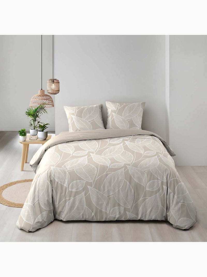 Juego de sábanas de 3 piezas de algodón con estampado de hojas + fundas de almohada Beige gris - Kiabi