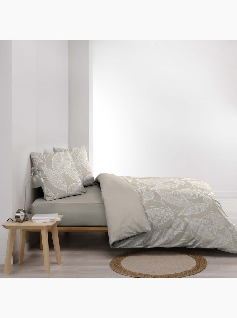 Juego de sábanas de 3 piezas de algodón con estampado de hojas + fundas de almohada Beige gris - Kiabi