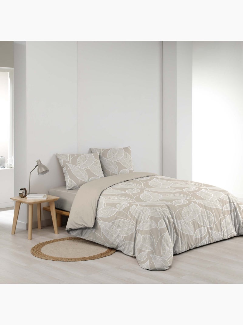 Juego de sábanas de 3 piezas de algodón con estampado de hojas + fundas de almohada Beige gris - Kiabi