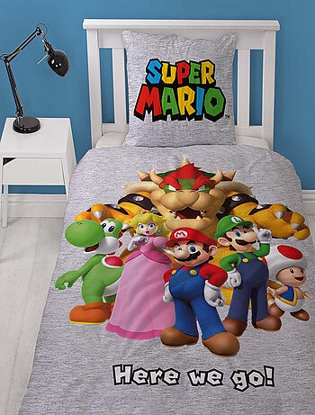 Juego de sabanas infantil estampado reversible Super Mario y sus amigos, funda nórdica 140x200 cm