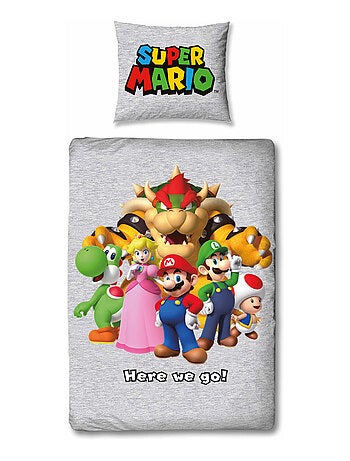 Juego de sabanas infantil estampado reversible Super Mario y sus amigos, funda nórdica 140x200 cm