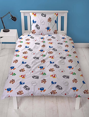 Juego de sabanas infantil estampado reversible Super Mario y sus amigos, funda nórdica 140x200 cm