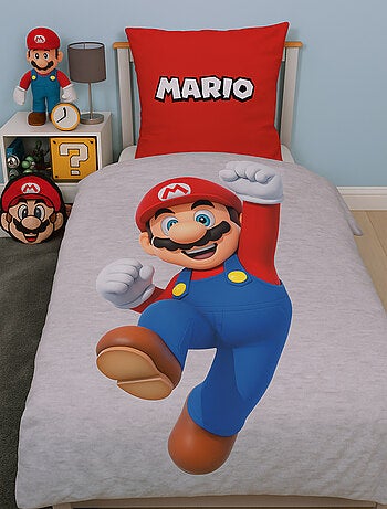 Juego de sabanas infantil Mario, Microfibra Oeko-Tex, estampado reversible, cama 1 plaza, LUIGI