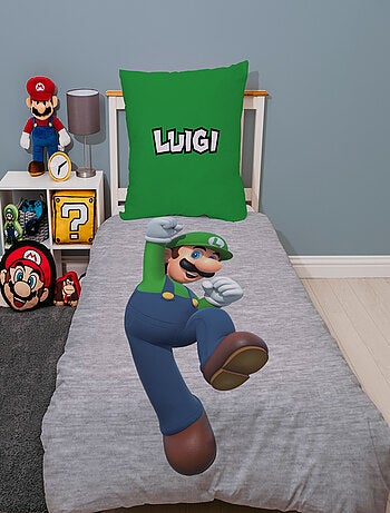 Juego de sabanas infantil Mario, Microfibra Oeko-Tex, estampado reversible, cama 1 plaza, LUIGI