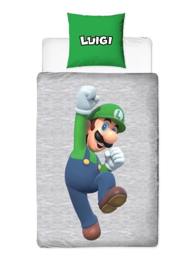 Juego de sabanas infantil Mario, Microfibra Oeko-Tex, estampado reversible, cama 1 plaza, LUIGI Gris - Kiabi