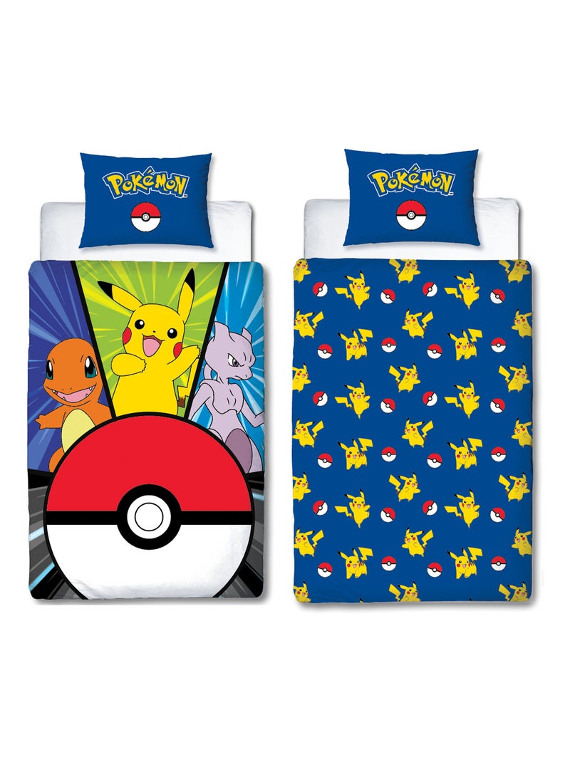 Juego de sabanas infantil Pokémon, microfibra Oeko-Tex, reversible, cama 1 plaza, POKE BALL Azul - Kiabi