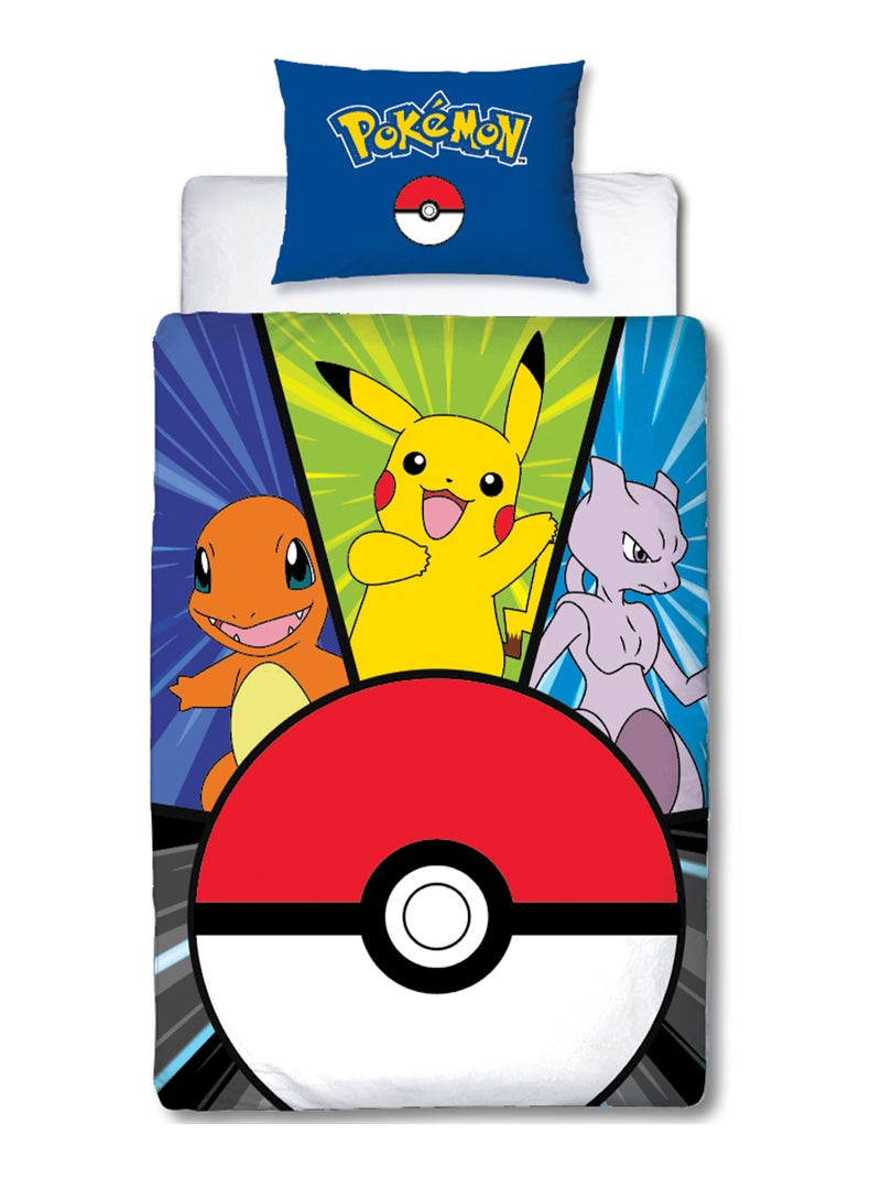 Juego de sabanas infantil Pokémon, microfibra Oeko-Tex, reversible, cama 1 plaza, POKE BALL Azul - Kiabi
